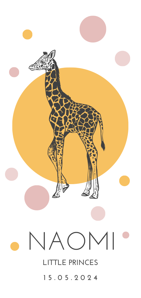 Geboortekaartje meisje met okergele stippen en giraf