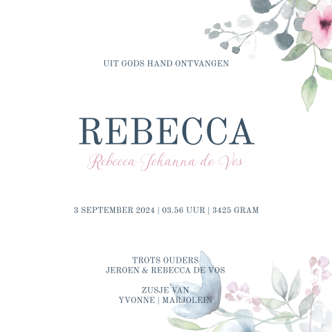 Geboortekaartje voor meisje met bloemetjes en roze strikje