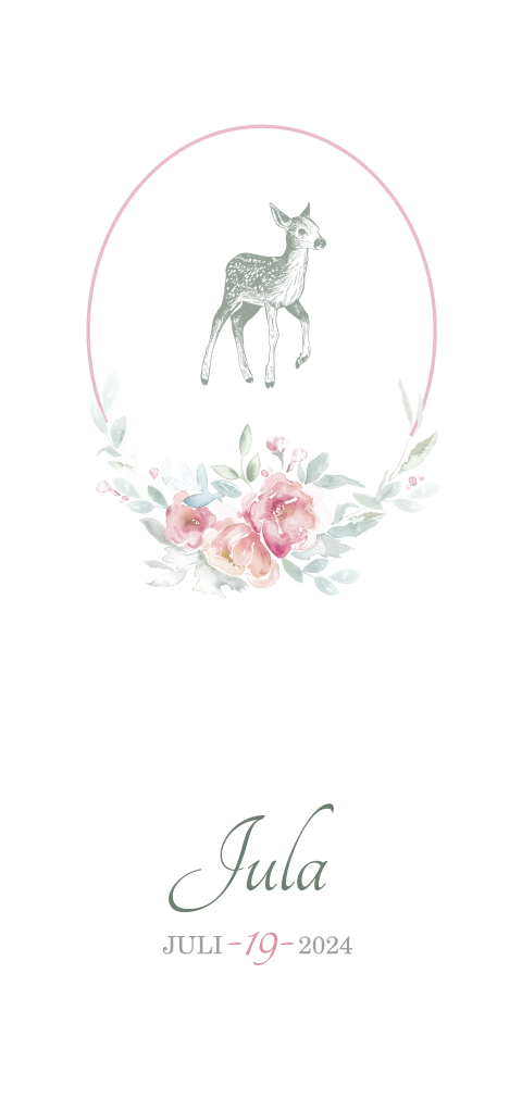 Romantisch geboortekaartje met hertje en roze bloemen